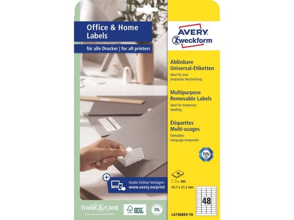 Avery L4736REV-10, Valkoinen, Laser/Inkjet, 45.7 x 21.2 mm, 480 kpl, 10 arkkia