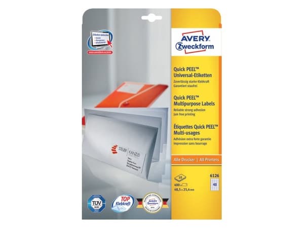 Avery Zweckform 6126, Hvit, Rektangel, Permanent, 48.5 x 25.4 mm, A4, Papir