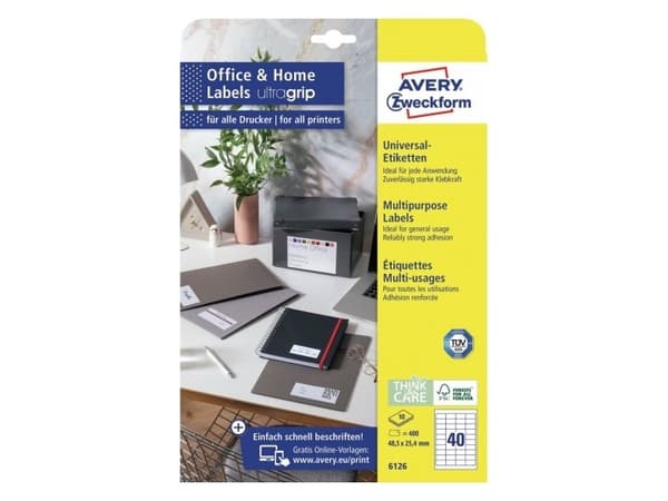 Avery Zweckform 6126, Hvit, Rektangel, Permanent, 48.5 x 25.4 mm, A4, Papir