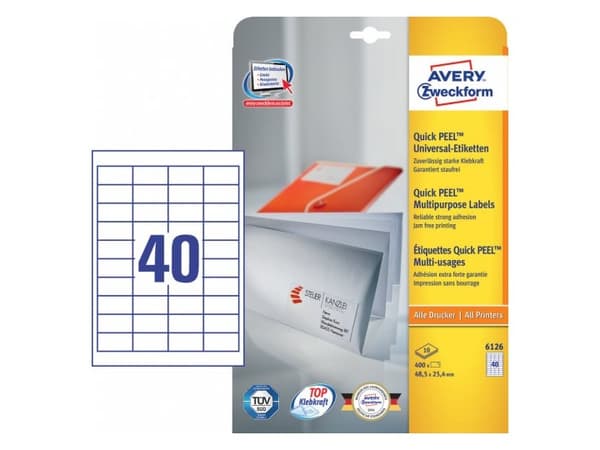Avery Zweckform 6126, Hvit, Rektangel, Permanent, 48.5 x 25.4 mm, A4, Papir