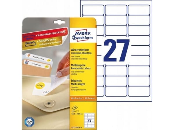 Avery L4737REV-10, Hvit, Laser/Blekkskriver, 63.5 x 29.6 mm, 270 stykker, 10 ark