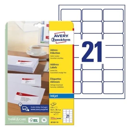 Avery White Address Label - Inkjet - J8160, Hvit, 63,5x38,1mm, 10 ark