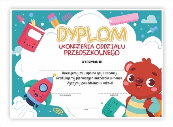 A4 diploma for completing o. kindergarten - Teddy bear 30pcs