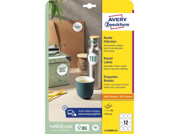 Avery L7104REV-25, Valkoinen, Ympyrä, Kiinteä, 6 cm, 300 kpl, 12 kpl