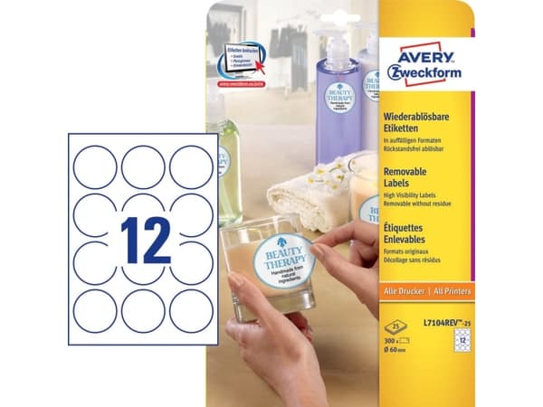 Avery L7104REV-25, Valkoinen, Ympyrä, Kiinteä, 6 cm, 300 kpl, 12 kpl