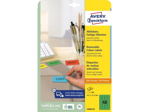 Avery L6040 - Grön - 21.2 x 45.7 mm 960 stk (20 ark x 48) etiketter