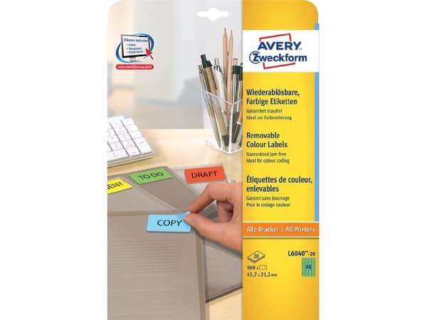 Avery L6040 - Grön - 21.2 x 45.7 mm 960 stk (20 ark x 48) etiketter