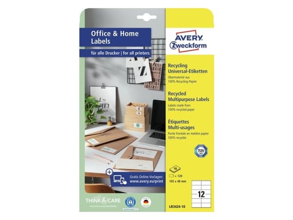 Avery LR3424-10, Hvit, Rektangel, Permanent, 105 x 48 mm, A4, Papir