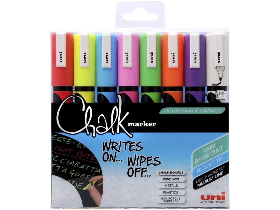 Whiteboard- og Chalkmarker Uni Chalk PWE-5M 1.8-2.5 mm med 8 stk. ass. farver