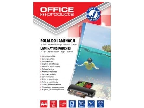 Office Products Folia for laminating OFFICE PRODUCTS, A4, 2x80 microns, glossy, 100 pcs., transp - 5901503679166