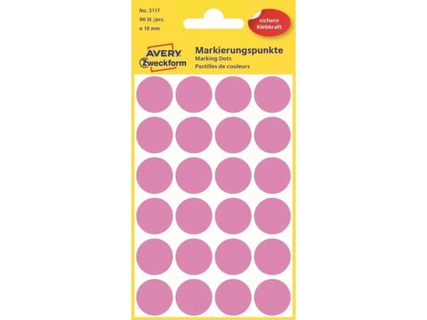 Avery 3117 Ø 18 mm, litet format, utan beläggning, 96 etiketter, rosa rosa 1650x850x10mm (96 st)