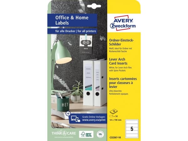 Avery C32267-10 190 x 54 mm, A4, uden belægning, hvid Med Avery's C32267-10 indstik til ringbind er det nemt at give dine ringbind et professionelt u