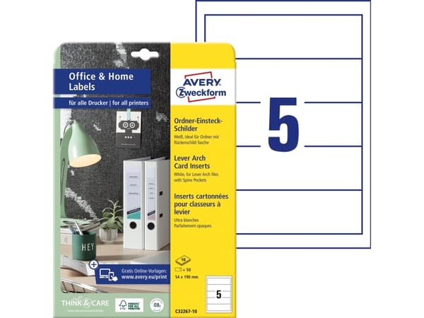 Avery C32267-10 190 x 54 mm, A4, uden belægning, hvid Med Avery's C32267-10 indstik til ringbind er det nemt at give dine ringbind et professionelt u
