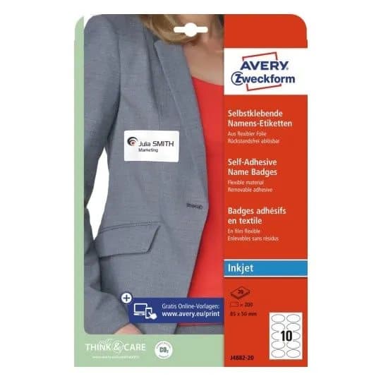Navneskilte Avery 85x50 mm, ovale, hvid, klæber på tøj, til inkjet-printere - (20 ark x 10 stk.)