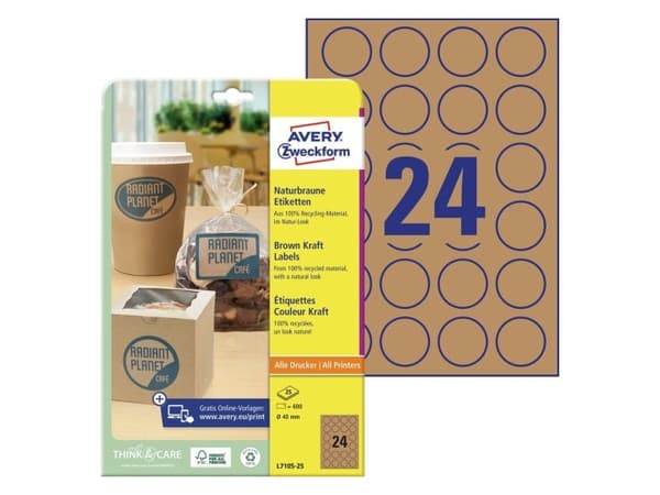 Avery L7105-25 Brune etiketter af kraftpapir, Ø 40 mm, A4, uden belægning, brun Brug Avery L7105-25 Naturbrune runde etiketter til at give dine produ