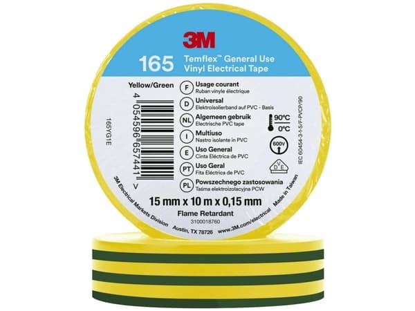 3M 165YG1E, 1 kpl, Keltainen, PVC-muovi, 600 V, Kupla, 10 m