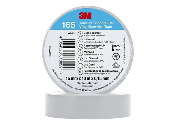 3M 165WH1E, 1 stykker, Hvit, PVC, 600 V, Blister, 10 m