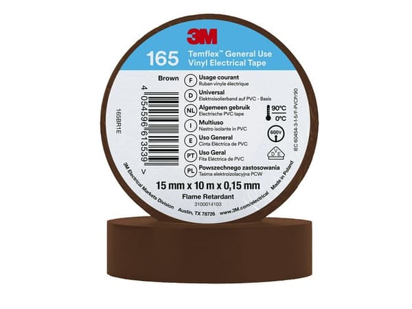 3M 165BR1E, 1 stykker, Brun, PVC, 600 V, Blister, 10 m
