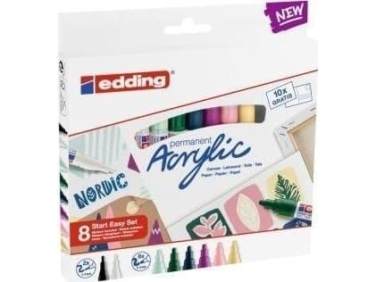 Edding Acrylic, Sort, Blå, Brun, Grønn, Lyseblå, Rosa, Lilla, Hvit, Gult, Flerfarget, 8 farger, Projektil spiss, Rund, 1 mm