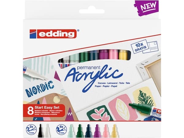 Edding Acrylic, Sort, Blå, Brun, Grønn, Lyseblå, Rosa, Lilla, Hvit, Gult, Flerfarget, 8 farger, Projektil spiss, Rund, 1 mm