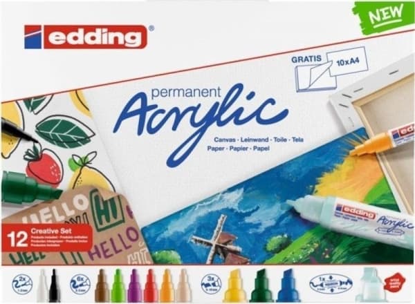 Edding Acrylic, Musta, Sininen, Vihreä, Vaaleansininen, Vaaleanvihreä, Vaaleanpunainen, Purppura, Punainen,..., Monivärinen, 12 väriä, Sekalainen, Py
