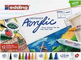 Edding Acrylic, Musta, Sininen, Vihreä, Vaaleansininen, Vaaleanvihreä, Vaaleanpunainen, Purppura, Punainen,..., Monivärinen, 12 väriä, Sekalainen, Py