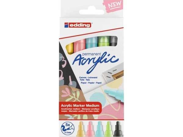 Edding 5300 acrylic marker fine, Sort, Blå, Grønn, Rosa, Gult, Sort, Blå, Grønn, Rosa, Gult, Medium, 2 mm, 3 mm, Lerret, Tre