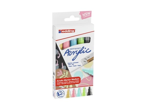 Edding 5300 acrylic marker fine, Sort, Blå, Grønn, Rosa, Gult, Sort, Blå, Grønn, Rosa, Gult, Medium, 2 mm, 3 mm, Lerret, Tre