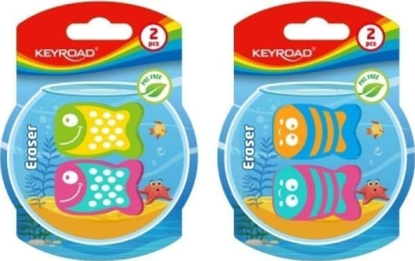 Keyroad KEYROAD Funny Fish pyyhekumi, 2 kpl, läpipainopakkaus, eri värejä
