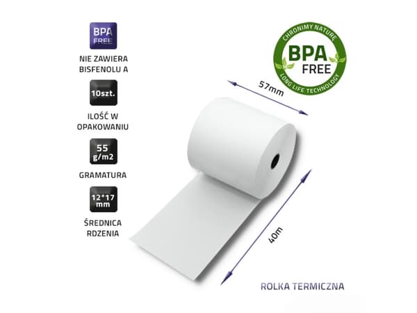 Qoltec - Valkoinen - Rulla (5,7 cm x 40 m) - 55 g/m² - 10 rullaa (10 rullaa) lämpökopiopiopaperia