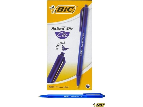 BIC Round Stic Clic, Klips, Uttrykkbar kulepenn med hengefeste, Blå, 20 stykker, Medium
