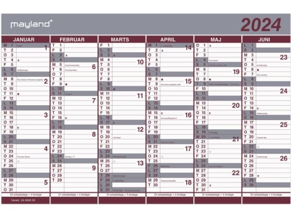 Kontorkalender dobbelt halvårskalender 2024