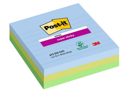 Post-it Super Sticky Notes linjerede 101mmx101mm 70ark/blk 3blk/pak Oasis farvekollektion