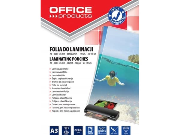 KONTORSPRODUKTER Lamineringsfolie, A3, 2x100 mikron, glansig, 100 st, transparent