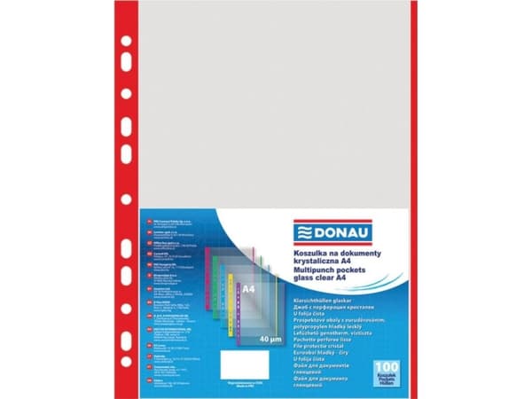 Donau Dokumenthylser PP, A4, krystall, 40 mikron, farget kant - rød, 100 stk.
