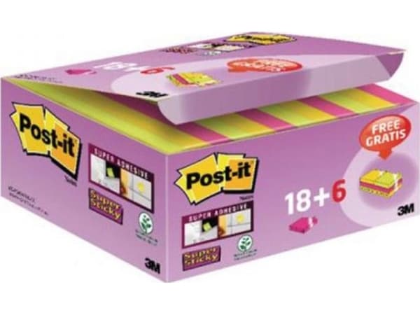 POST-IT Super Sticky klisterlappar (622-P24SSCOL), 47,6x47,6 mm, 18+6x90 kort, blandade färger, GRATIS