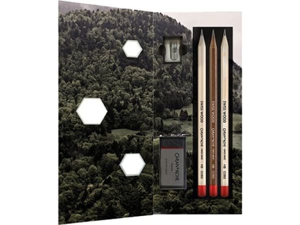 Caran d`Arche Set of CARAN D'ACHE SWISS WOOD pencils, HB, 3 pcs + eraser and sharpener, mix of colors