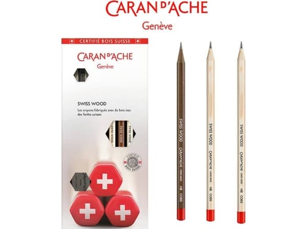 Caran d`Arche Set of CARAN D'ACHE SWISS WOOD pencils, HB, 3 pcs + eraser and sharpener, mix of colors