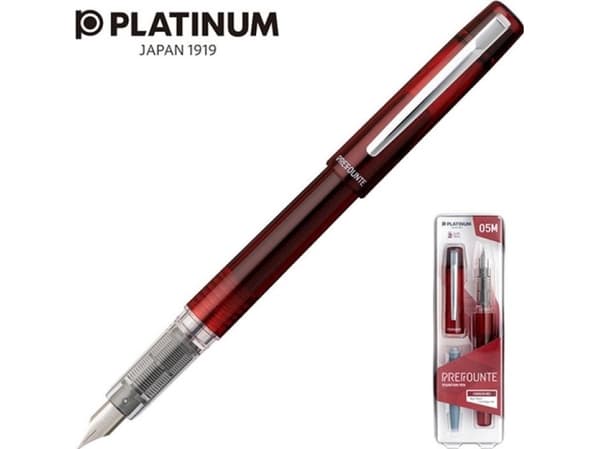 Platinum Prefounte Crimson Red reservoarpenna, M, i plastförpackning, på en blisterförpackning, rödbrun