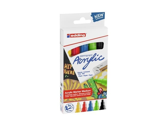Edding 5300 akrylmarker fin, svart, blå, grön, röd, gul, svart, blå, grön, röd, gul, medium, 2 mm, 3 mm, duk, trä