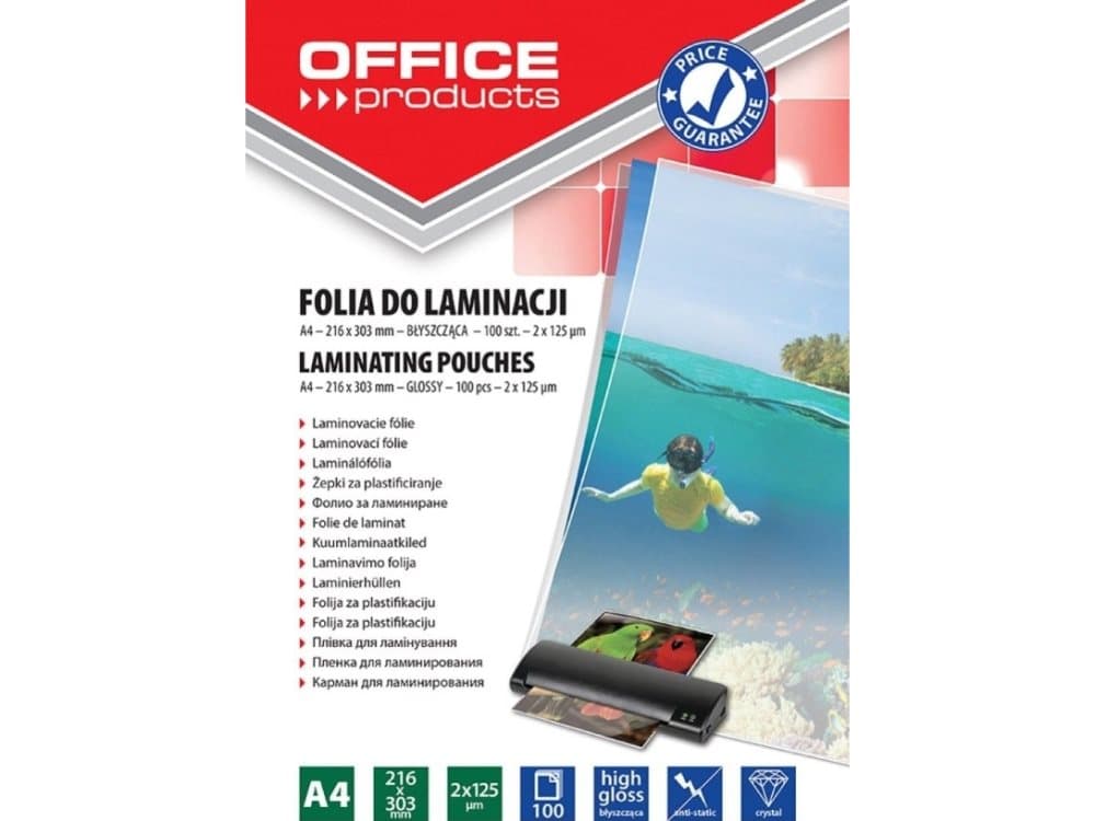 Office Products Foil for OFFICE PRODUCTS lamination, A4, 2x125 micron, glossy, 100 pcs., transparent