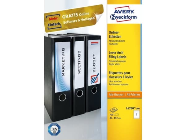 Avery Zweckform L4760-100, Valkoinen, Pyöristetty suorakulmio, Kiinteä, DIN A4, Paperi, Laser/Inkjet