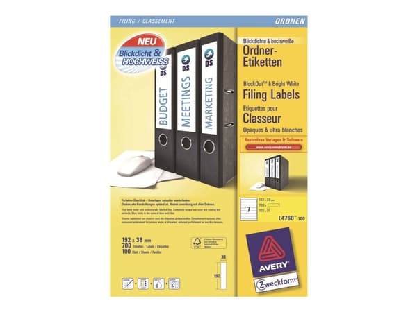 Avery Zweckform L4760-100, Valkoinen, Pyöristetty suorakulmio, Kiinteä, DIN A4, Paperi, Laser/Inkjet