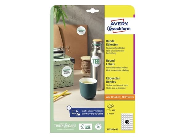 Etiketter Avery Ø30 mm hvid - (10 ark x 48 stk.)
