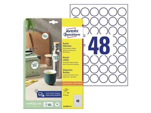Etiketter Avery Ø30 mm hvid - (10 ark x 48 stk.)