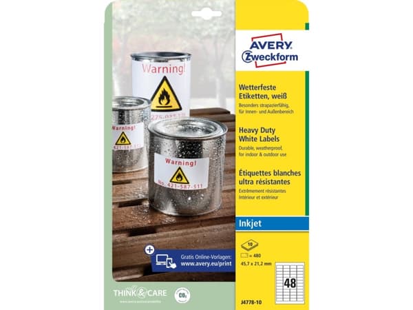 Etiketter Avery J4778-10 hvid 45,7x21,2 mm - til udendørs brug - (10 ark x 48 stk.)
