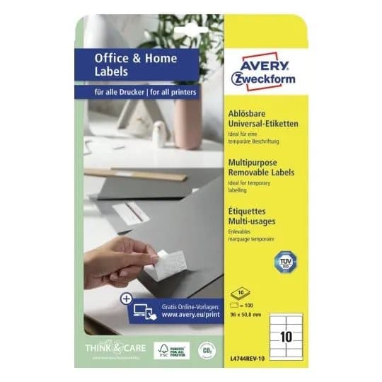 Avery L4744REV-10, 96 x 50,8 mm, A4, uden lak,hvid Til midlertidig mærkning, brug Avery L4744REV-10 aftagelige etiketter, som kan fjernes uden at eft