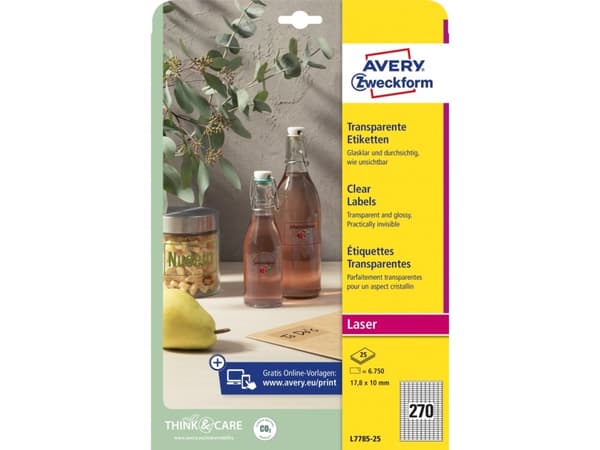 Avery L7785-25 17,8 x 10 mm, A4, Transparent Avery L7785-25 Gennemsigtige etiketter giver et stilfuldt og næsten usynligt udseende på dine produkter,