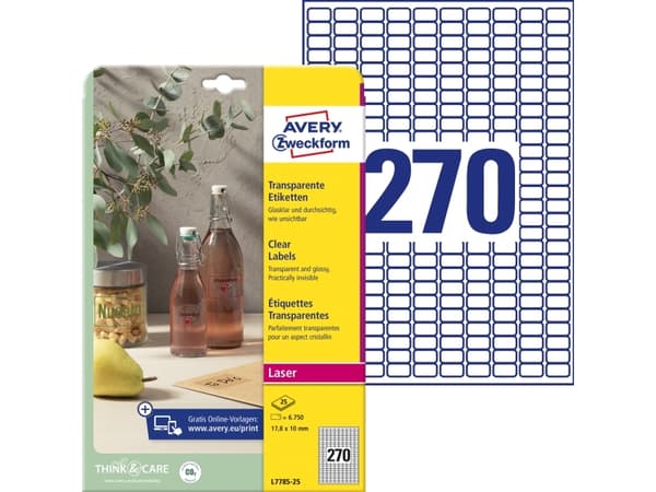 Avery L7785-25 17,8 x 10 mm, A4, Transparent Avery L7785-25 Gennemsigtige etiketter giver et stilfuldt og næsten usynligt udseende på dine produkter,