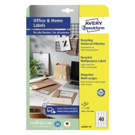 Avery LR3657-10, Vit, Självhäftande skrivaretikett, A4, papper, Laser/bläckstråleskrivare, Permanent